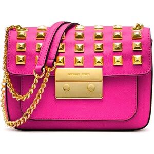 Michael Kors Sloan Studded Shoulder Bag Hot Pink Leather Gold Chain Crossbody